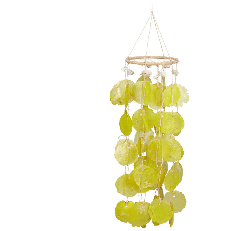 Capiz Wind Chimes with Dreamcatcher, Yellow Sea Shell Garland Mobile, 48 cm, Yellow - Relaxdays