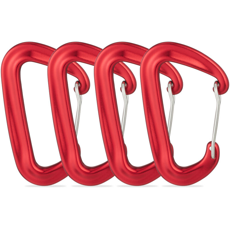Relaxdays Carabiner, Set of 4, Outdoor Heavy Duty Carabiner Clips, up to 1700 kg, Backpack, Key, Hammock, Aluminium, Red