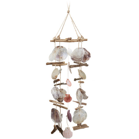 Relaxdays Carillon à coquillages bois flotté mobile coquillages guirlande Décoration à suspendre, coloré