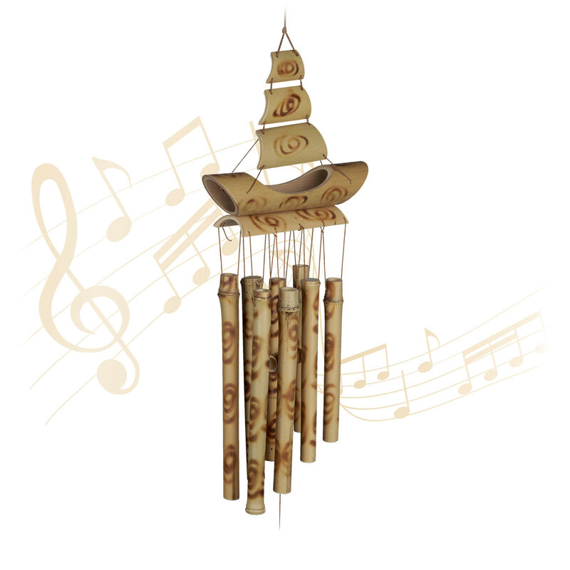 Carillon à vent en bambou, rappelle les voiliers, h x l : 66 x 19 cm, pour intérieur & extérieur, marron - Relaxdays
