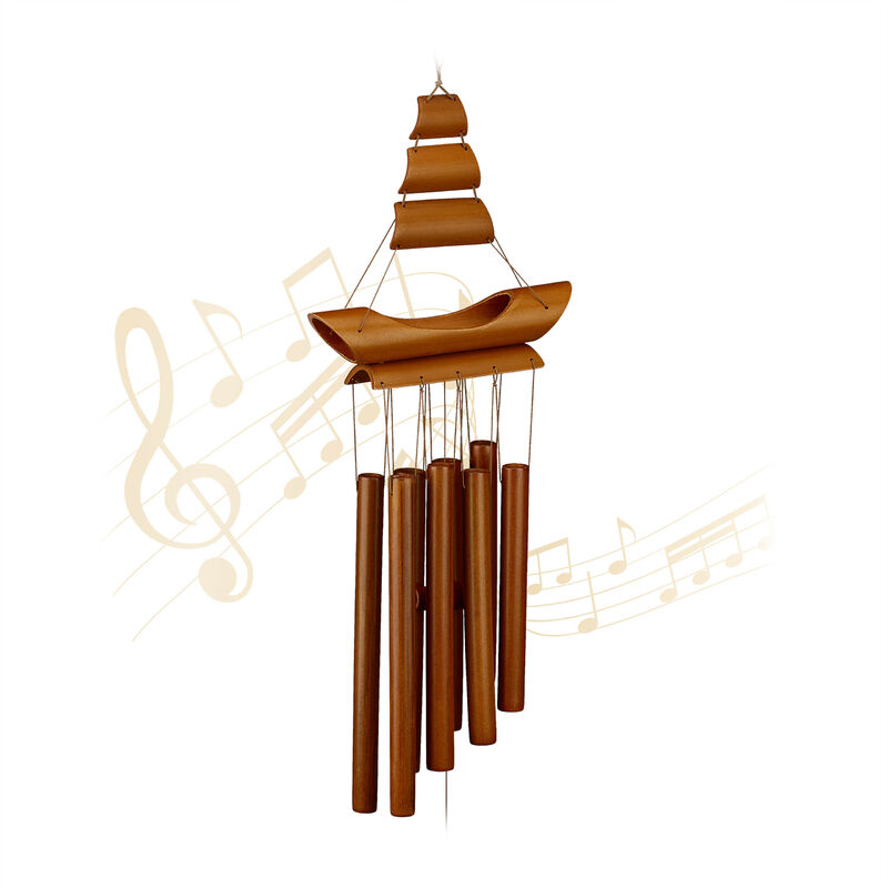 Relaxdays - Carillon à vent en bambou, rappelle les voiliers, HxLxP : 72 x 20 x 6 cm, pour intérieur et extérieur, nature