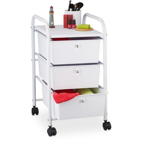 Relaxdays Carrellino Salvaspazio con 3 Cassetti, Metallo & Plastica, Carrello Porta Trucchi da Bagno, Multiuso, Bianco