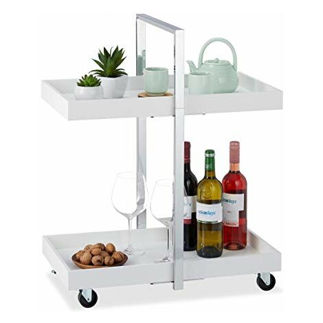  Carrello Bar Portavivande con 2 Ripiani, Ruote Piroettanti, MDF, Argento/Bianco, 75 x 60 x 34 cm