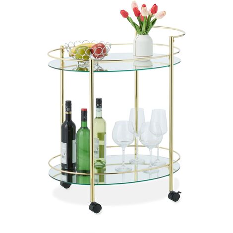 Relaxdays Carrello da Cucina, 2 Ripiani, Carrellino di Servizio, HLP: 79x68x45 cm, Rotelle, Vetro e Ferro, Dorato, Oro, Ottone, 1 pz
