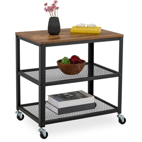 Relaxdays Carrello da Cucina a Ruote, 3 Ripiani, Carrellino Servizio Soggiorno, 61x60x40 cm, Acciaio e MDF, Nero Marrone