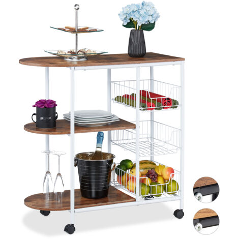 Relaxdays Carrello da Cucina, Portavivande con 3 Ripiani e 3 Cestini, Industrial, Metallo e MDF 84x83x37 cm, Vari Colori