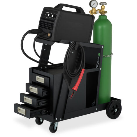 Relaxdays Carrello Officina per Saldatrice, Porta Attrezzi e Bombola a Gas, 4 Cassetti, 70x38x71 cm, Regge 110 kg, Nero