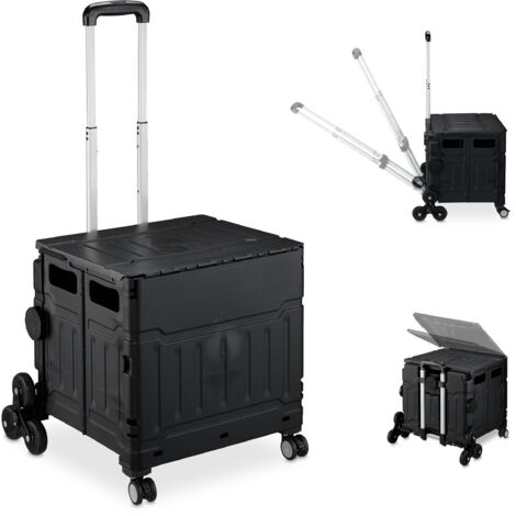 Relaxdays Carrello per Spesa Montascale, 50 kg Carico, Manico e Coperchio, Carrellino Trolley Portaspesa, Nero, 93 x 52,5 x 47 cm