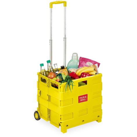 Relaxdays Carrello per Spesa Pieghevole, 35 kg Carico, Manico Telescopico, Carrellino Trolley Portaspesa, Cesto, Giallo, Alluminio, 98 x 45,5 x 37 cm
