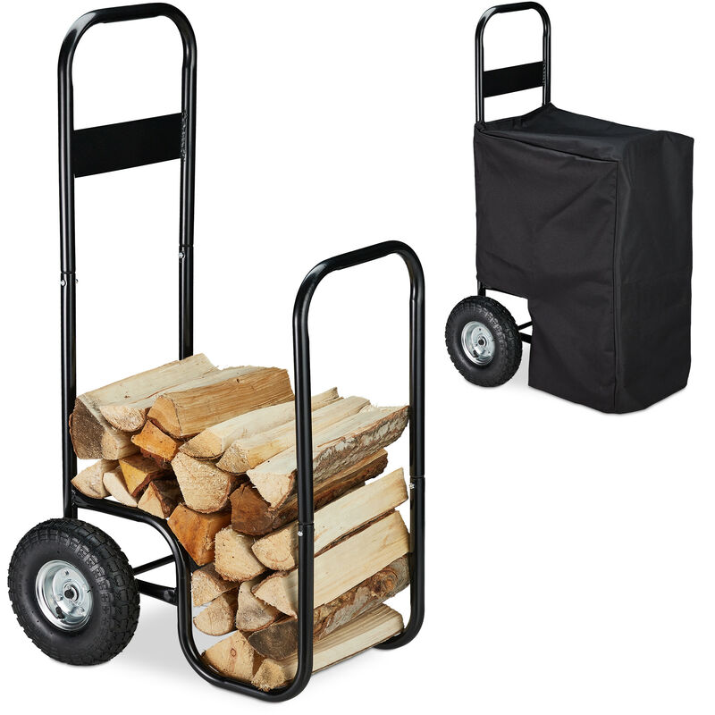 Relaxdays - Firewood Cart, Weather Protection Tarpaulin, 2 Wheels, 60 kg load, Transport & Storage, Firewood Cart, Black