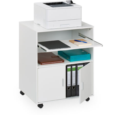 Relaxdays Carrello Porta Stampante, 2 Scomparti e Ripiano Estraibile Tastiera, Mobiletto Ufficio, 74x60x48 cm, Bianco