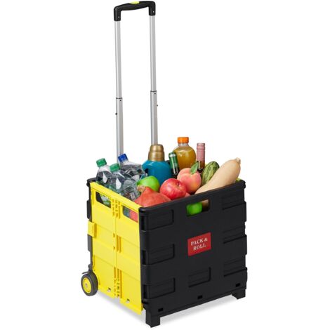 Relaxdays Carrello Portaspesa Pieghevole,Manico Telescopico,2 Ruote Gomma,fino a 35 kg,Trolley Spesa, Alluminio, Giallo