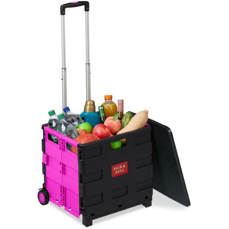 Relaxdays carrello spesa pieghevole, 35 kg, 50 l, manico telescopico, 2 ruote, rosa/nero