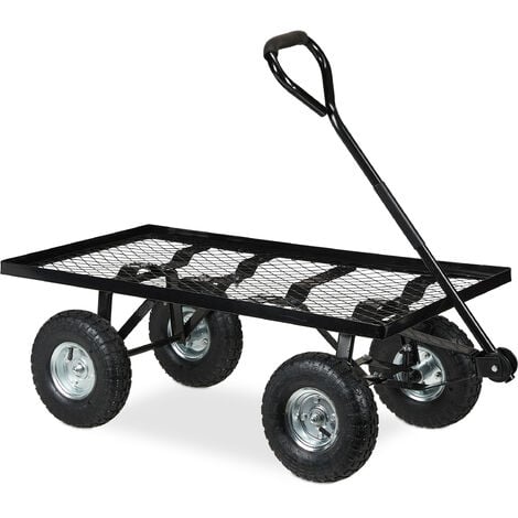 Relaxdays Carretilla Mano Plana, Jardín, con Ruedas Neumáticas, 34,5 x 51 x 96 cm, hasta 200 kg, Carreta Acero, Negro