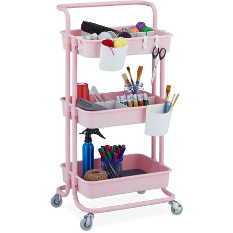 Relaxdays Carrito Auxiliar, 3 Niveles, Multiusos para Cocina y Oficina, Camarera 86 x 43 x 34 cm, Metal y Plástico, Rosa