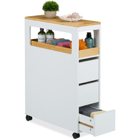 Relaxdays Carrito Auxiliar Estrecho, 3 Cajones, 82,5 x 23 x 60 cm, Carro Baño y Cocina, Bandeja de Bambú, MDF, Blanco