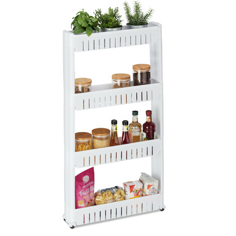 Relaxdays Carrito de Nichos, Estantería con Ruedas y 4 Baldas, Mueble Espacios Pequeños para Baño y Cocina, 101x12,5x54 cm, Plástico, Blanco