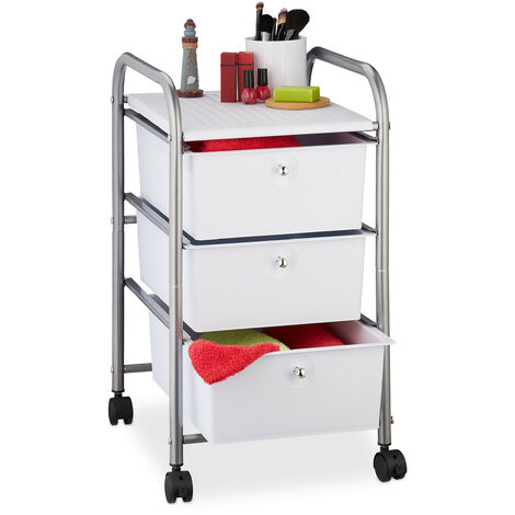Relaxdays carrito para baño con ruedas, 3 cajones, metal y plástico, para cosméticos, 60 x 33 x 39 cm, plateado