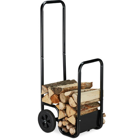 Relaxdays Carro para Leña Acero 2 Ruedas, Carretilla para Almacenaje y Transporte 40kg Leños, Leñero 100x43x40 cm, Negro