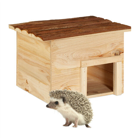 Relaxdays Casa Erizo, Cueva Animales Pequeños, de Madera, con Suelo, Refugio Hibernación Jardín, 22,5x32x27 cm, Natural