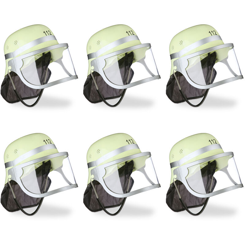 6x Casco da Pompiere Bambini, Visiera, Fazzoletto per Collo & Poggia Mento, Regolabile, 24,5x22,5x28 cm, giallo