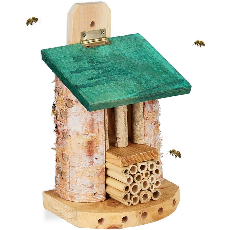 Relaxdays Insect Hotel, Nesting Aid for Wild Bees & Wasps, Garden & Balcony, Bamboo Tubes, 25x15x11.5 cm, Natural/Green