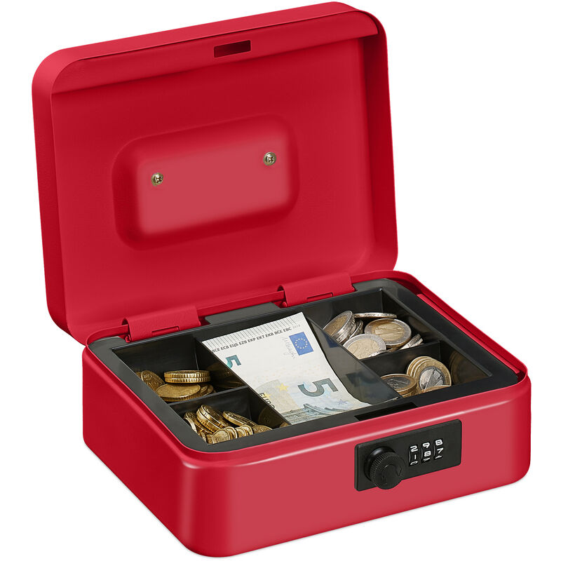 Relaxdays Cash Box, Coin Counter Tray Combination Lock Change & Notes, Steel, H x W x D: 8.5 x 20 x 17 cm, Red