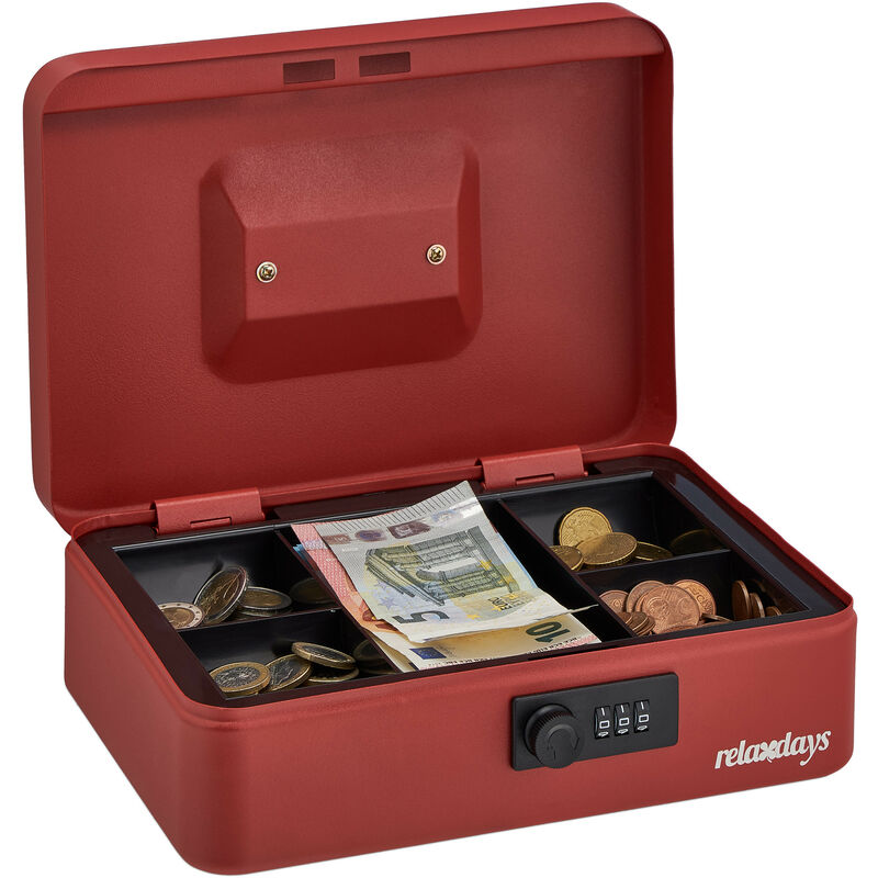 Relaxdays Cash Box, Coin Counter Tray Combination Lock Steel Portable Change & Notes, H x W x D: 8.5 x 25 x 19 cm, Red