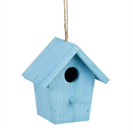   Casita para pájaros, Comedero colgante de aves, Adorno de jardín, Madera, 1 Ud., 16x15x11 cm, Azul