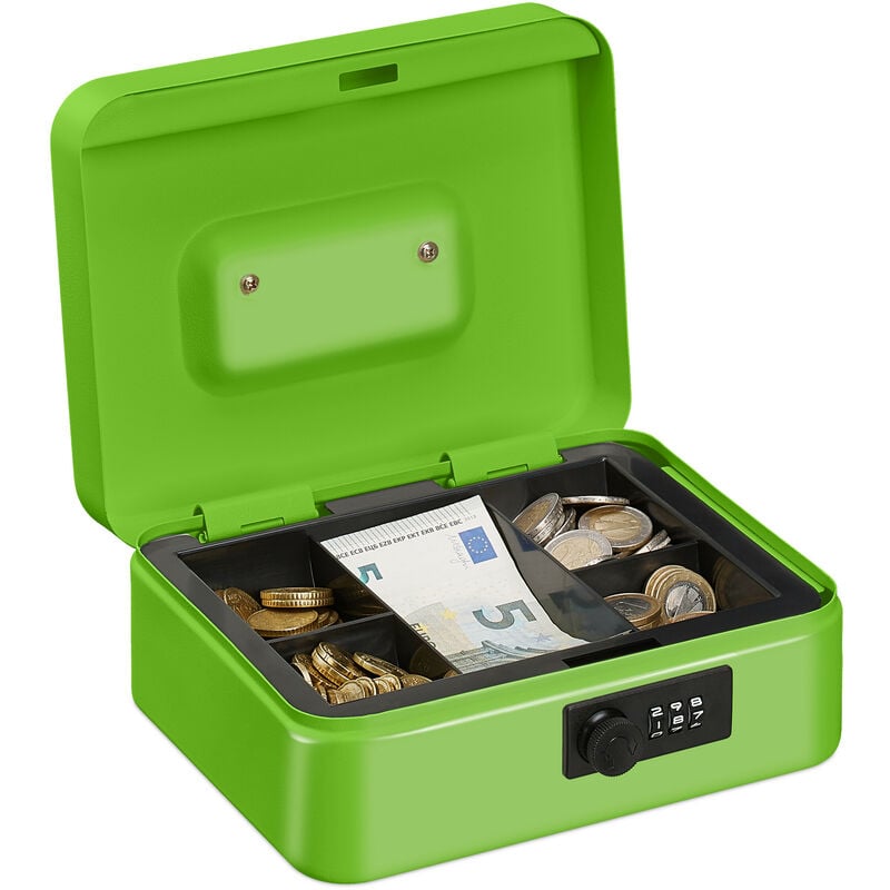 Relaxdays - Cash Box, Coin Counter Tray Combination Lock Change & Notes, Steel, h x w x d: 8.5 x 20 x 17 cm, Green