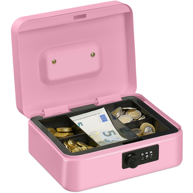Relaxdays - Cash Box, Coin Counter Tray Combination Lock Change & Notes, Steel, h x w x d: 8.5 x 20 x 17 cm, Pink