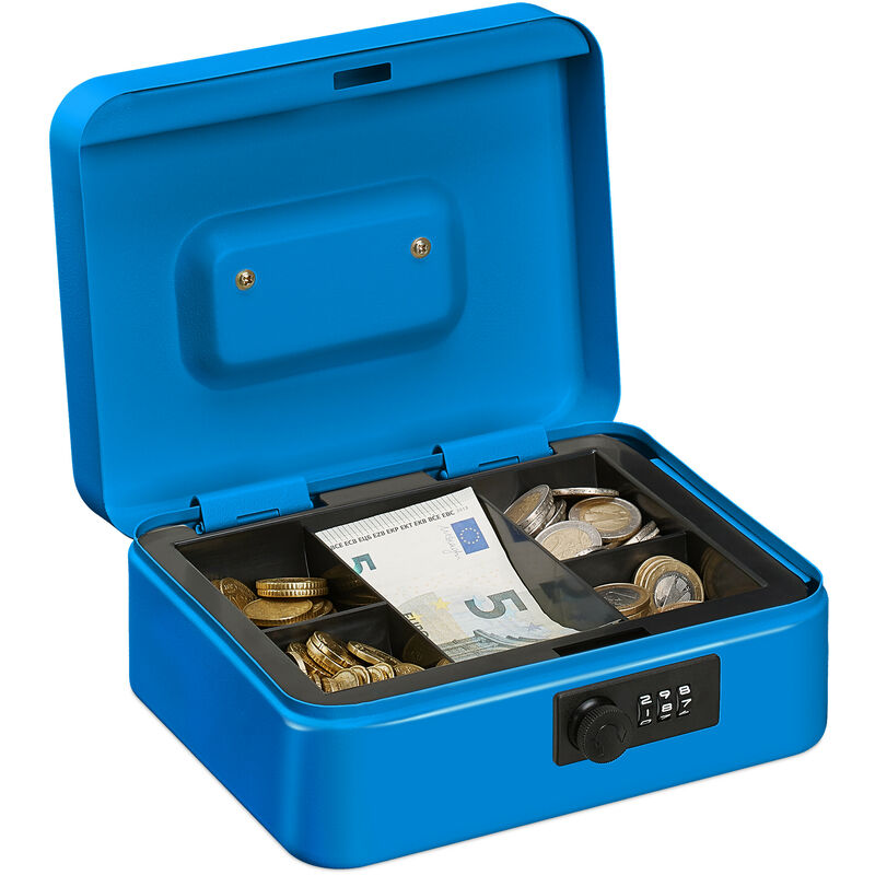 Relaxdays - Cash Box, Coin Counter Tray Combination Lock Change & Notes, Steel, h x w x d: 8.5 x 20 x 17 cm, Blue