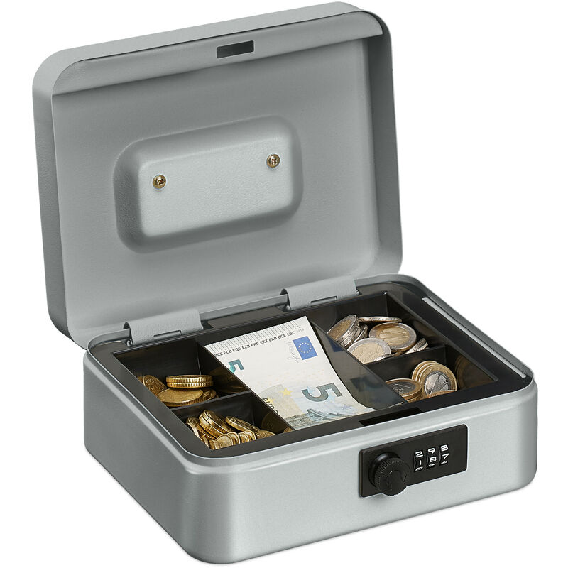 Relaxdays Cash Box, Coin Counter Tray Combination Lock Change & Notes, Steel, H x W x D: 8.5 x 20 x 17 cm, Silver