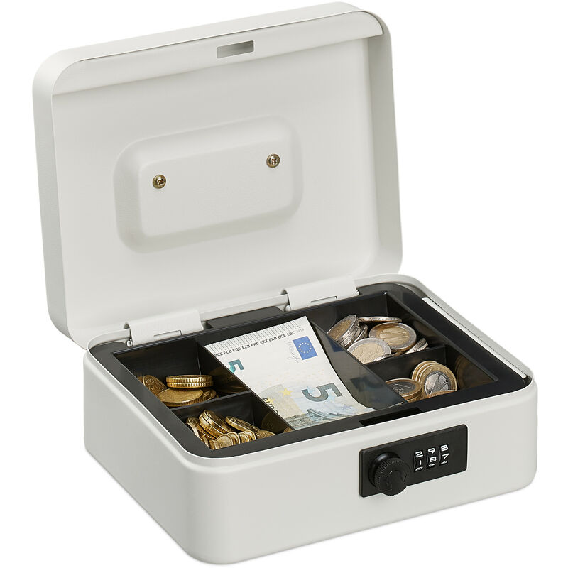 Relaxdays - Cash Box, Coin Counter Tray Combination Lock Change & Notes, Steel, h x w x d: 8.5 x 20 x 17 cm, White