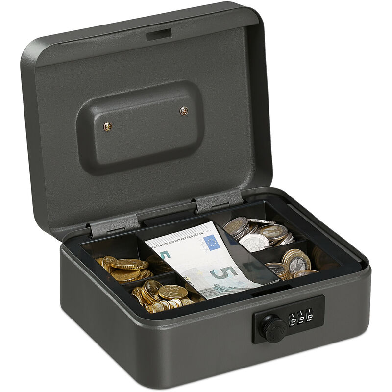 Relaxdays - Cash Box, Coin Counter Tray Combination Lock Change & Notes, Steel, h x w x d: 8.5 x 20 x 17 cm, Grey