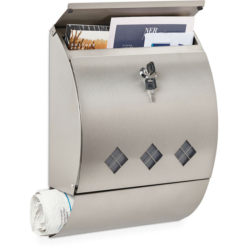 Relaxdays - Mailbox Stainless Steel, Letter Box with Newspaper Compartment & Viewing Window, 40x30x12.5 cm, 2 Keys, Silver