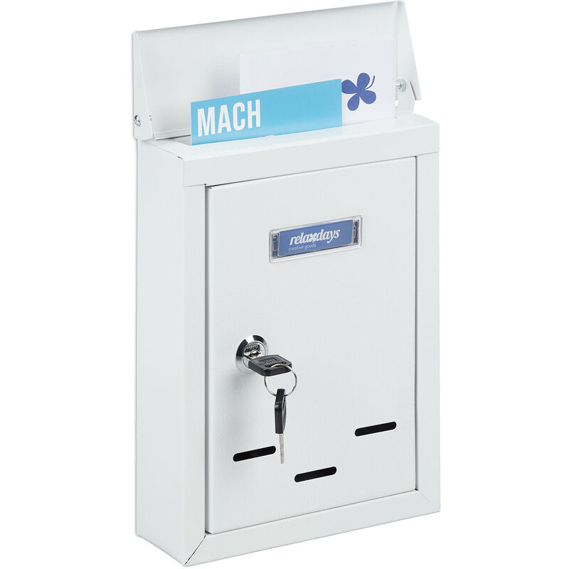 Letter Box with Name Plate, Metal, Lockable, 2 Keys, Post Box, hwd: 26.5 x 19 x 6.5 cm, Wall-Mounted, White - Relaxdays