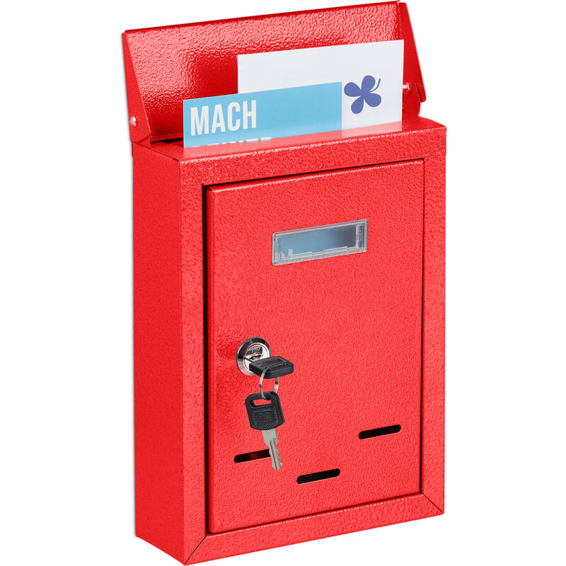 Relaxdays - Letter Box With Name Plate, Metal, Lockable, With 2 Keys, Post Box, Hwd, 26.5 X 19 X 6.5 Cm, Wall-mounted, Red