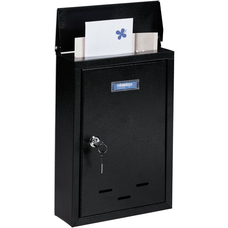 Letter Box with Name Plate, Metal, Lockable, with 2 Keys, Post Box, hwd: 35.5 x 24 x 9 cm, Wall-Mounted, Black - Relaxdays