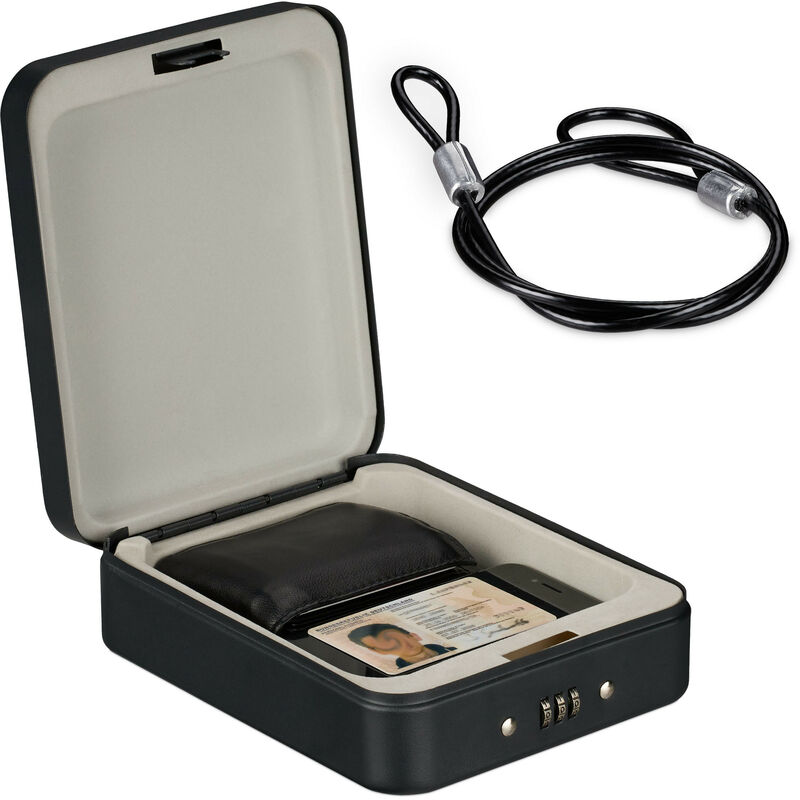 Image of Cassetta di Sicurezza Portatile con Combinazione Numeri e Cavo, Mini Cassaforte, Acciaio, hlp 6x16x20 cm, Nero - Relaxdays