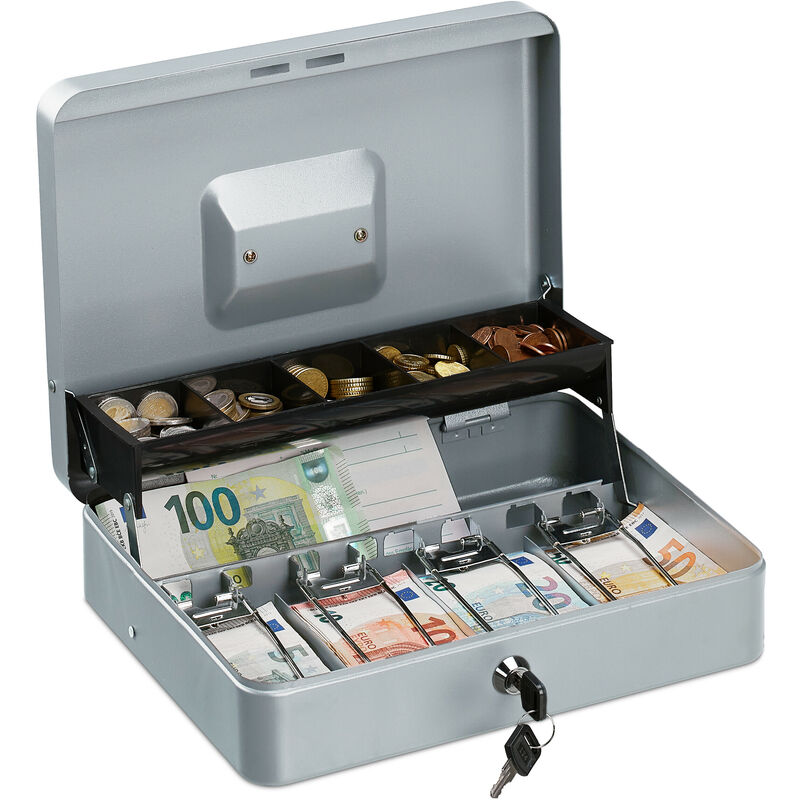 Relaxdays - Cash Box, Coin Counter Tray Lockable Portable Change & Notes, h x w x d: 8.5 x 30.5 x 24.5 cm, Iron, Silver