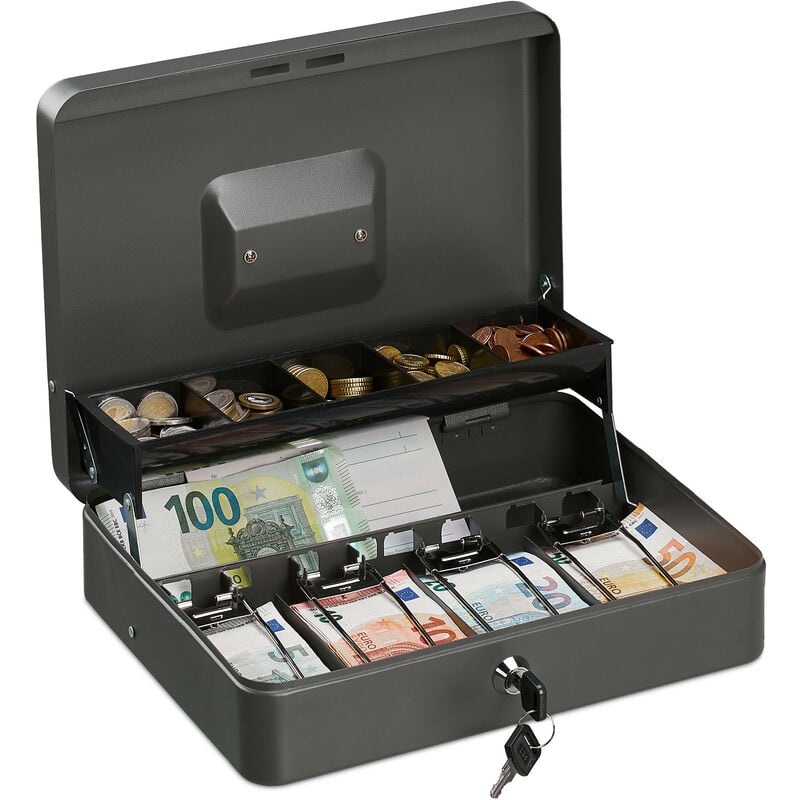 Relaxdays Cash Box, Coin Counter Tray Lockable Portable Change & Notes, H x W x D: 8.5 x 30.5 x 24.5 cm, Iron, Grey