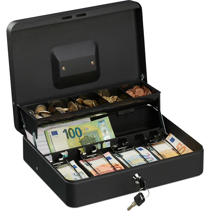 Relaxdays - Cash Box, Coin Counter Tray Lockable Portable Change & Notes, h x w x d: 8.5 x 30.5 x 24.5 cm, Iron, Black