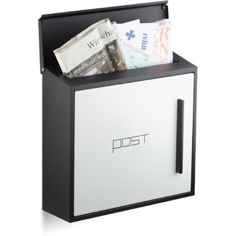 Relaxdays Cassetta Postale, Buca Lettere Moderna, Formato A4, Acciaio, Grande, HxLxP 33 x 35 x 12,5 cm, Nero Bianco