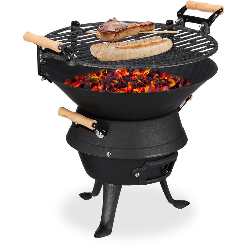 Cast Iron bbq, Height Adjustable Cooking Grate, Air Vent, Wood Burning Barbecue, hwd 40x45x36 cm, Black - Relaxdays