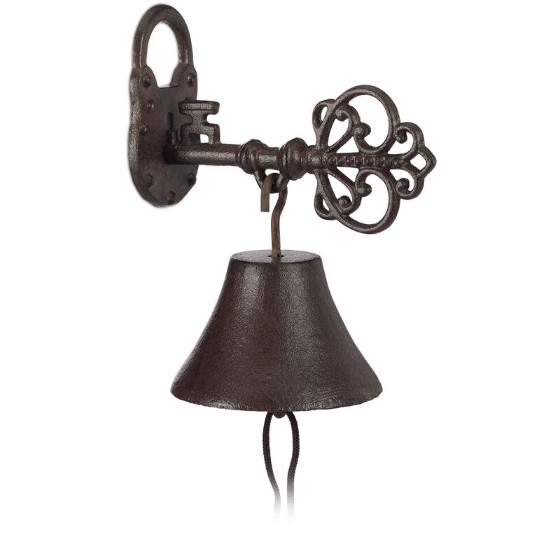 Cast Iron Door Bell, Key and Lock, Nostalgic Charm for Home and Garden, Country House Style, Rusty Brown - Relaxdays