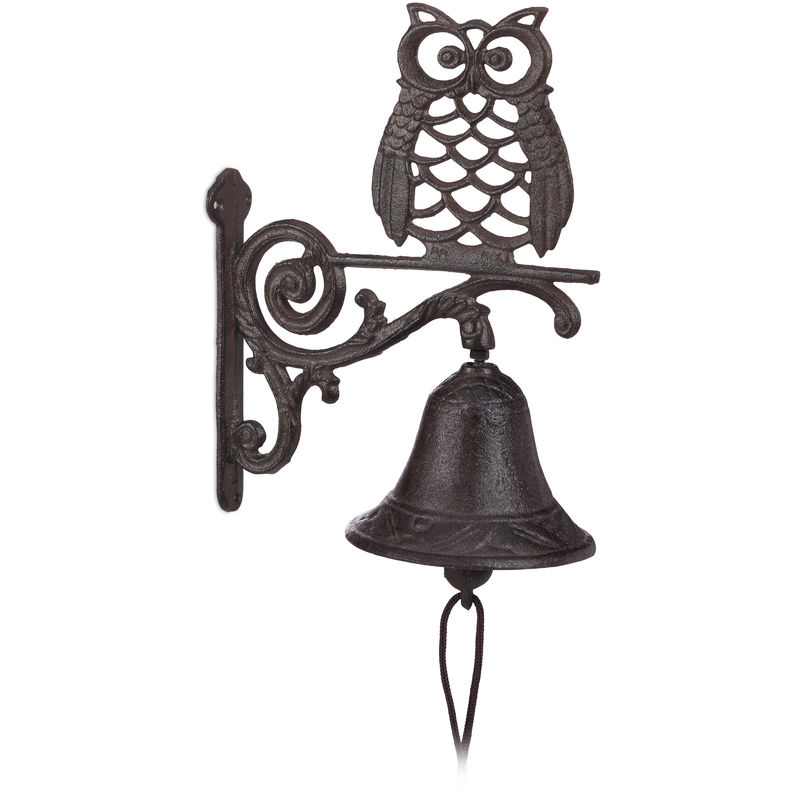 Cast Iron Door Bell Owl, Antique, Country House Style, Bird, Weatherproof Garden Decoration, Dark Brown - Relaxdays