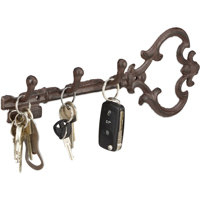 Cast Iron Key Hooks, In the Shape of a Key, 3 Hooks, Antique Cottage-Style, HxWxD: ca 12.5 x 33 x 4.5 cm, Brown - Relaxdays
