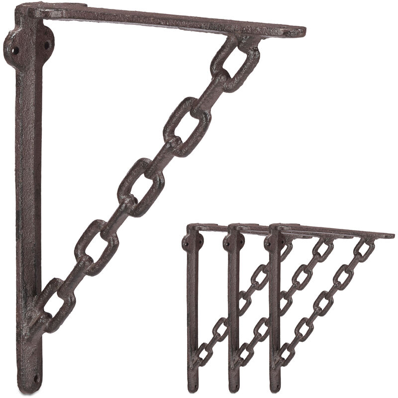 Set Of 4 Relaxdays Cast Iron Shelf Brackets, Antique Look, Extraordinary Chain Design, Support For Shelves, Rusty Brown