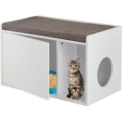 Relaxdays Cat Cabinet with Seating, 2in1 Feline Commode & Bench, H x W x D: 45.5 x 75 x 43 cm, Litter Tray, White/Grey